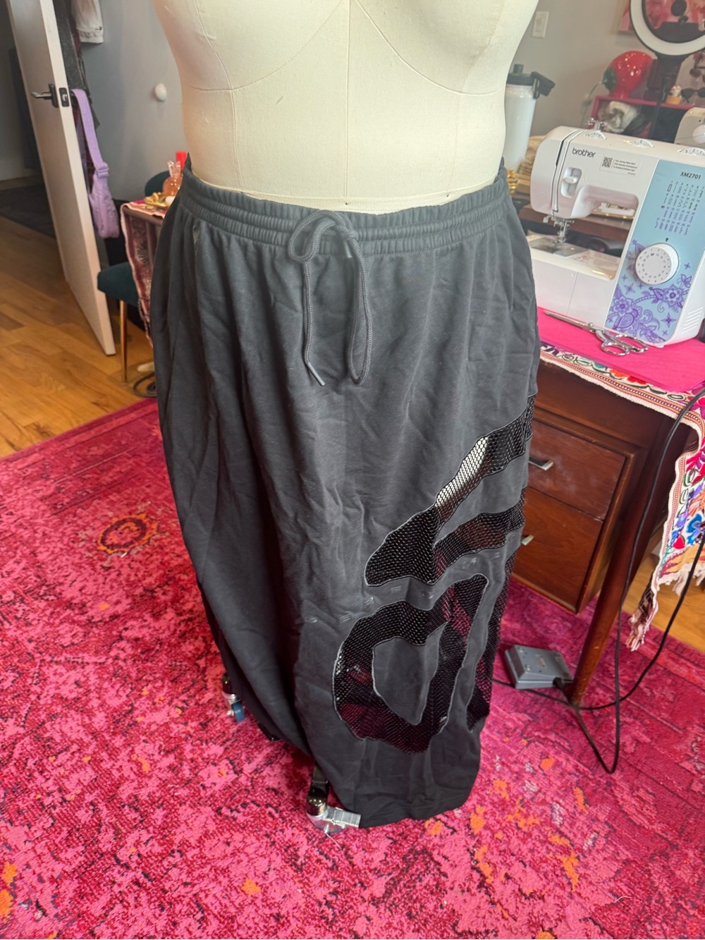 Telfar Black Drawstring Maxi Skirt with Sequined Detail